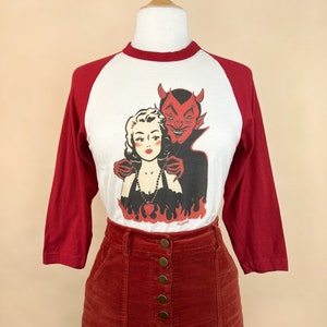 Deal with the Devil Unisex Raglan T‑Shirt in Natural x Red  / Vintage inspired By MISCHIEF MADE
