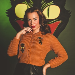 Meow Trap Collared Cropped Cardigan in Bronze / Vintage inspired by Mischief Made Cat