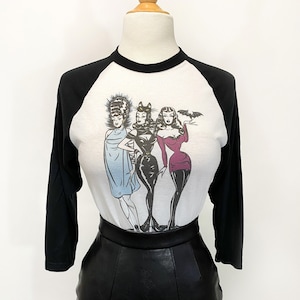 UNISEX The Ladies Who Lunch  3/4-Sleeve Raglan Graphic T-shirt in white/Black Vintage Halloween inspired by Mischief Made monster pinup