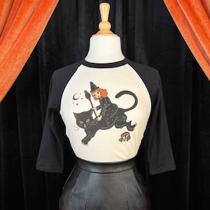 Moonlight Ride Cropped 3/4 Sleeve Raglan Baby Graphic T-shirt in Natural/Black size S, M, L,XL, 2XL vintage inspired by Mischief Made