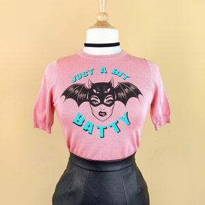 Just a bit Batty short sleeve Sweater in Pink size S,M,L,XL in Vintage Halloween inspired By MISCHIEF MADE, Bat aldy