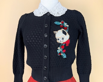 Strawberry Fields Forever Cropped Cardigan in Black size S, M, L, XL Sweater Vintage inspired By MISCHIEF MADE, Cat