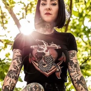 Call of the Red Sea Fitted Graphic T-shirt in Black size S,M,L,XL,2XL vintage inspired design by Mischief Made Anchor Mermaid