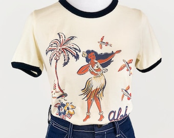 Aloha~ Fitted Ringer Graphic T-shirt in Natural/Navy  /size S, M, L,XL,2XL Vintage inspired by Mischief Made Hawaii