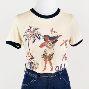 Aloha~ Fitted Ringer Graphic T-shirt in Natural/Navy  /size S, M, L,XL,2XL Vintage inspired by Mischief Made Hawaii