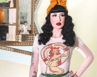 Dangerous Curves Fitted Graphic T-shirt in Ivory by Mischief Made /size S, M, L,XL,2XL,3XL Vintage inspired by Mischief Made