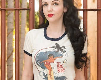 The Big Surf Fitted Ringer T-shirt in Natural/Navy size S, M, L,XL,2XL Vintage inspired by Mischief Made