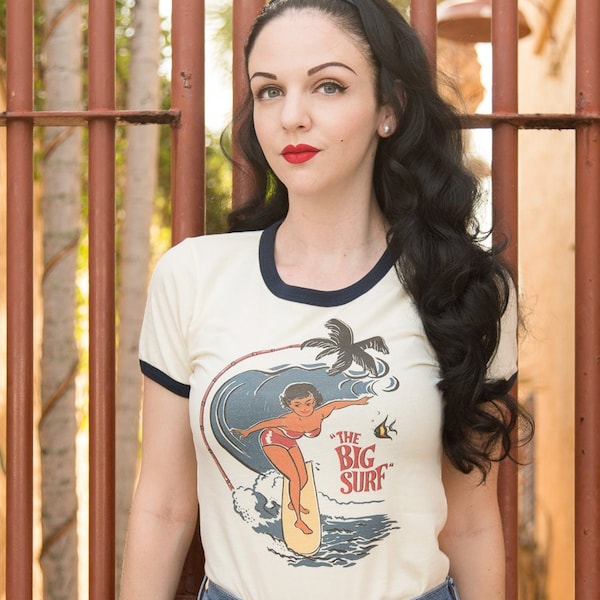 The Big Surf Fitted Ringer Graphic T-shirt in Natural/Navy size S, M, L,XL,2XL Vintage inspired by Mischief Made
