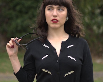 Batty Cropped Cardigan in Black size S, M, L, XL Sweater Vintage Halloween inspired By MISCHIEF MADE, Bat