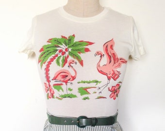 Pink Flamingo Fitted Graphic T-shirt in Ivory size S,M,L,XL,2XL,3XL Vintage inspired by Mischief Made