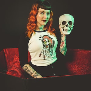 Coffin Beauty Cropped Long Sleeve Raglan Baby Graphic T-shirt in Natural/Black size S, M, L,XL, 2XL vintage inspired by Mischief Made