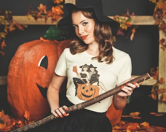 Witch Sisters Fitted Graphic T-shirt in Ivory size S,M,L,XL,2XL,3XL  vintage Halloween inspired by Mischief Made pinup