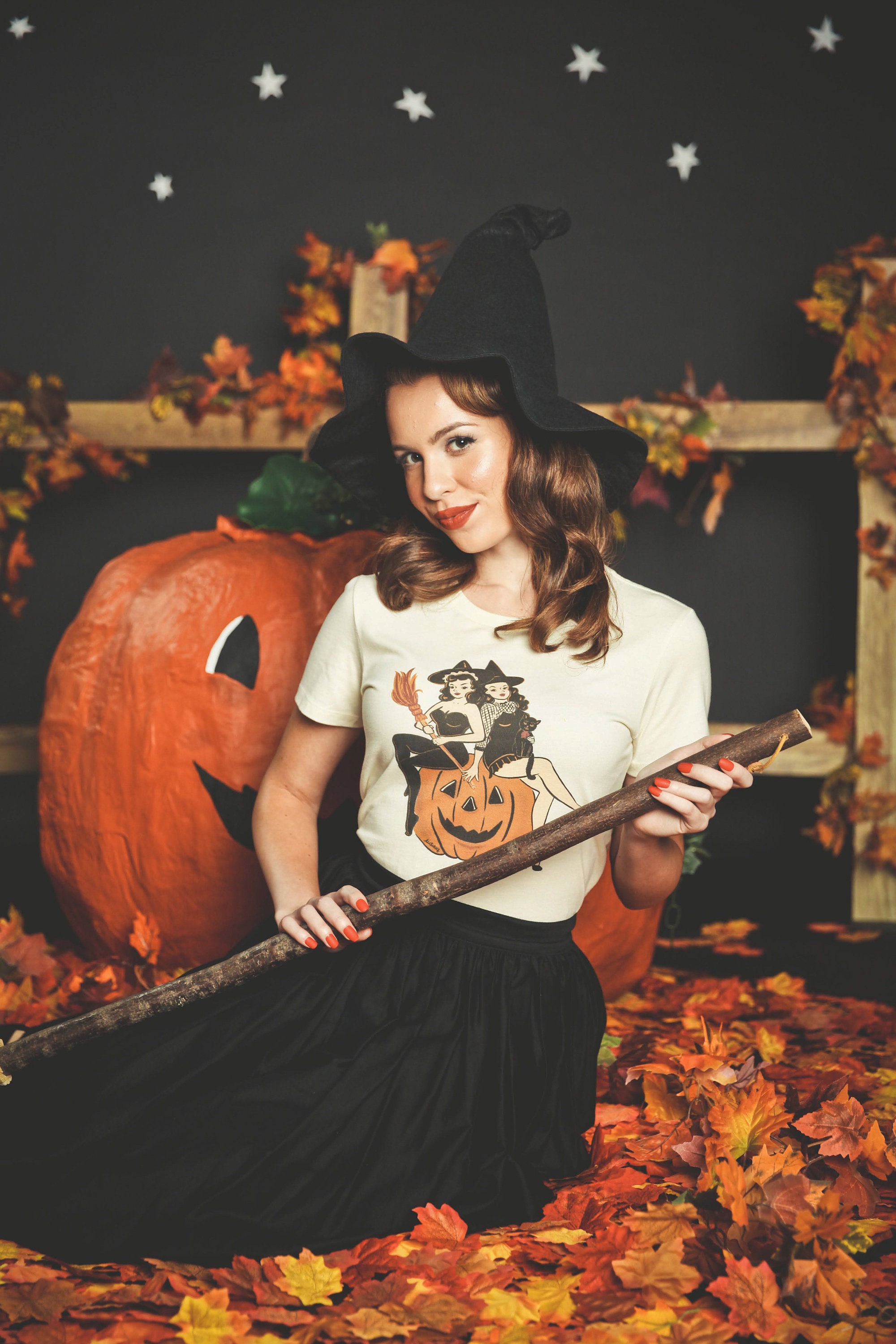 Witch Sisters Fitted Graphic T-shirt in Ivory size S,M,L,XL,2XL,3XL  vintage Halloween inspired by Mischief Made pinup