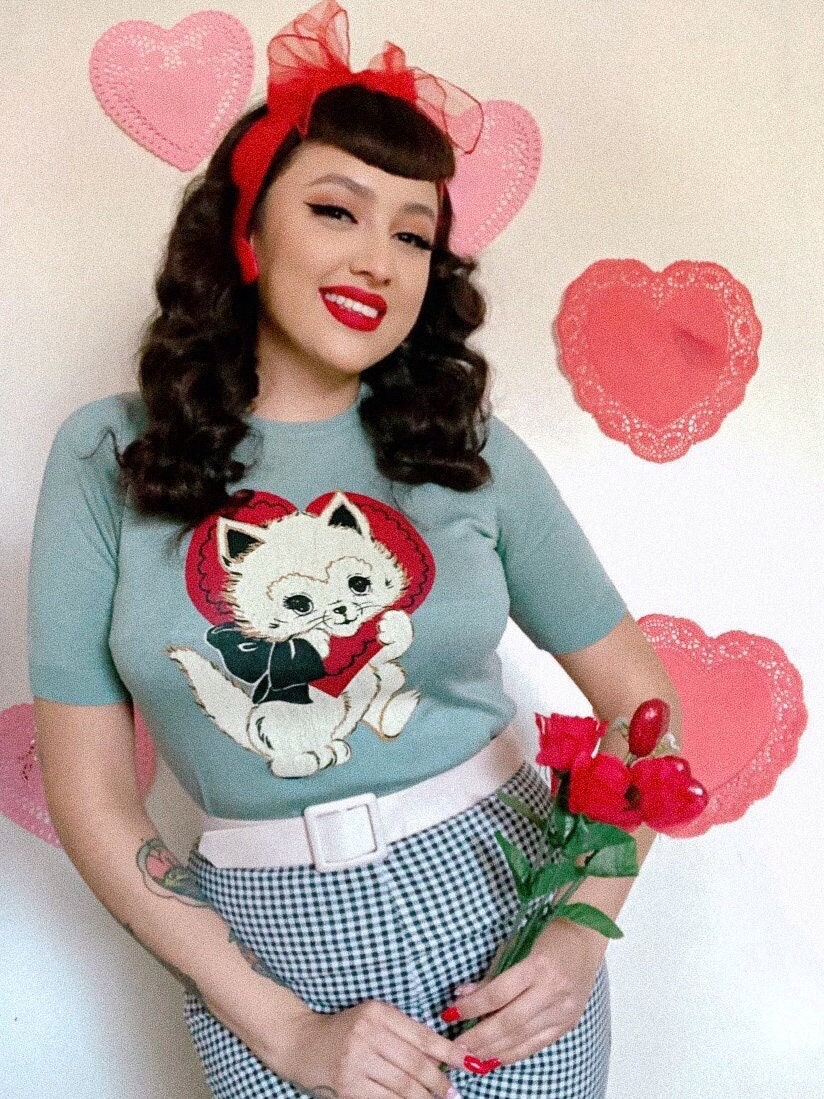 Be Mine short sleeve Sweater size S,M,L,XL in Jade Blue /Vintage inspired By MISCHIEF MADE