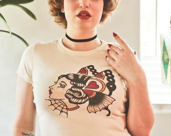 Velvet Monarch Cropped Graphic Tee in Natural- Mischief Made Vintage Butterfly