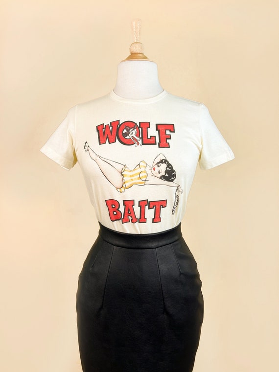 Wolf Bait Graphic T-shirt in Ivory size S, M, L, XL, 2XL, 3XL Rockabilly Pinup girl Vintage inspired  by Mischief Made