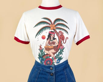 UNISEX Bongo Baby Ringer Graphic T-shirt in Natural/Rio Red, vintage inspired by Mischief Made, Tropical