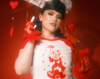 Fool for Love Short Raglan Cropped Baby Graphic T-shirt in White/Red size S, M, L,XL, 2XL vintage Valentine inspired by Mischief Made, Clown