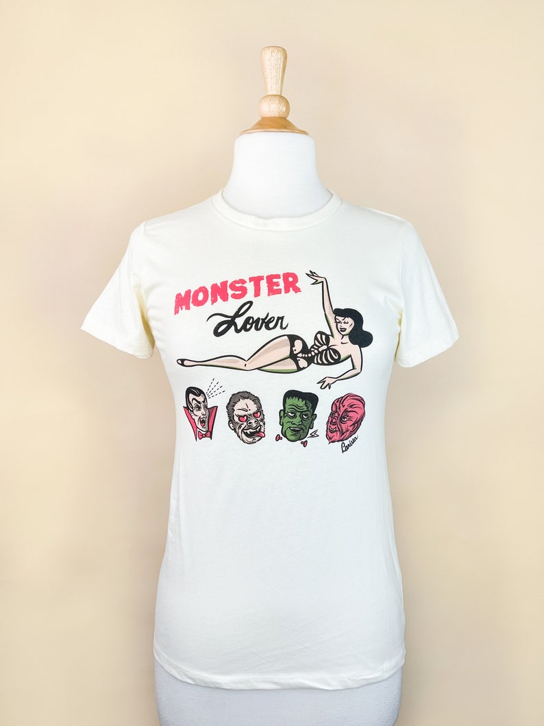 Monster Lover Fitted Graphic T-shirt in Ivory size S,M,L,XL,2XL,3XL vintage inspired by Mischief Made image 4