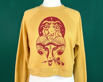 Aries Mountain Girl Pullover Fleece in Mustard Unisex Body size S,M,L,XL,2XL Vintage inspired By MISCHIEF MADE Zodiac