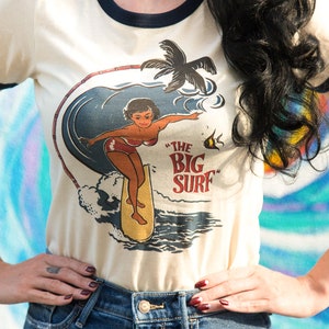 The Big Surf Fitted Ringer Graphic T-shirt in Natural/Navy size S, M, L,XL,2XL Vintage inspired by Mischief Made image 4