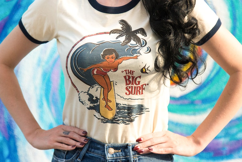 The Big Surf Fitted Ringer Graphic T-shirt in Natural/Navy size S, M, L,XL,2XL Vintage inspired by Mischief Made image 4