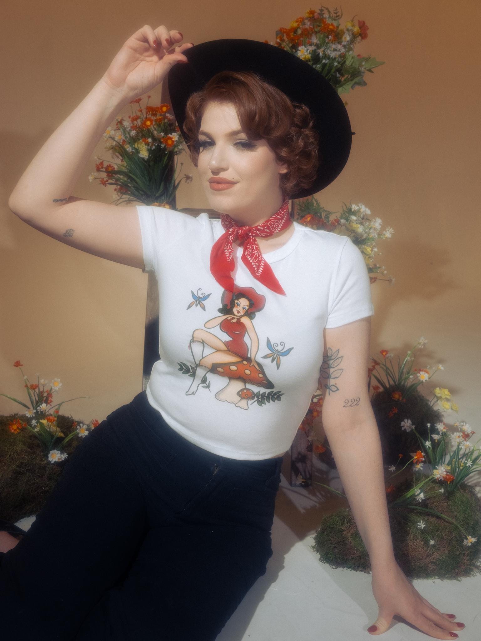 Mash Mama Cropped baby Graphic T-shirt in White size S, M, L,XL, 2XL vintage inspired by Mischief Made, Traditional tattoo Mushroom
