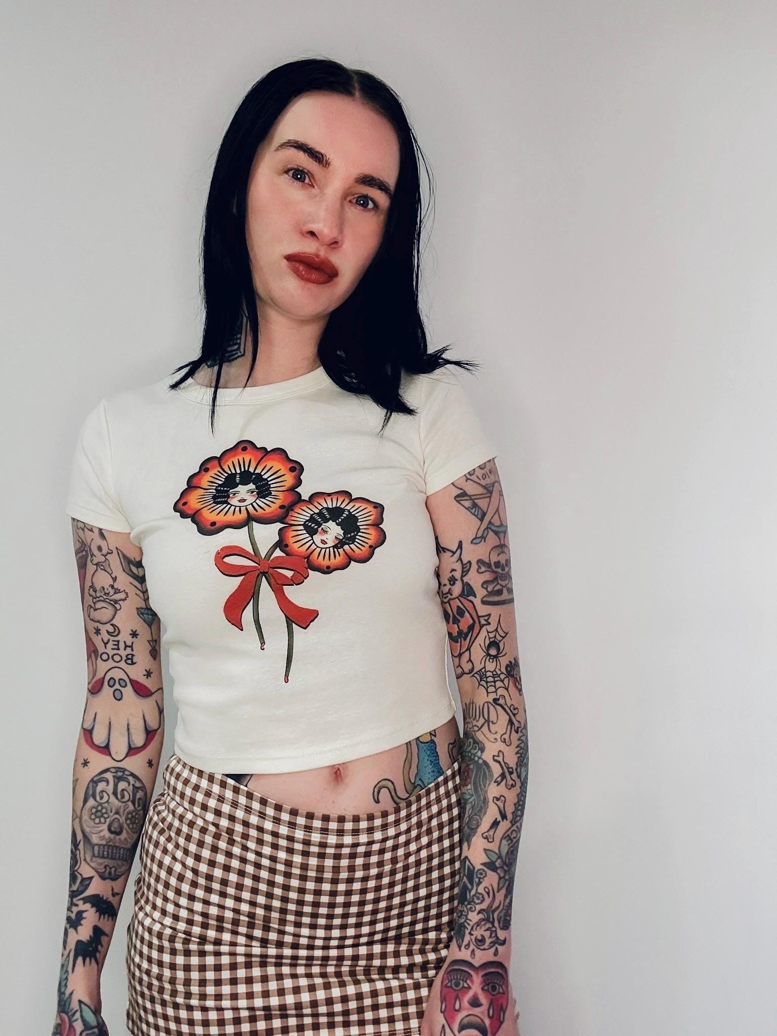 Blossom Sisters Cropped baby Graphic T-shirt in Natural size S, M, L,XL, 2XL vintage inspired by Mischief Made, Traditional tattoo inspired
