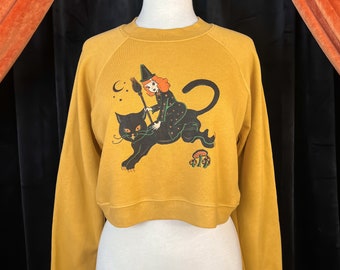 Moonlight Ride Pullover Fleece in Mustard Unisex Body size S,M,L,XL,2XL Vintage inspired By MISCHIEF MADE, halloween witch