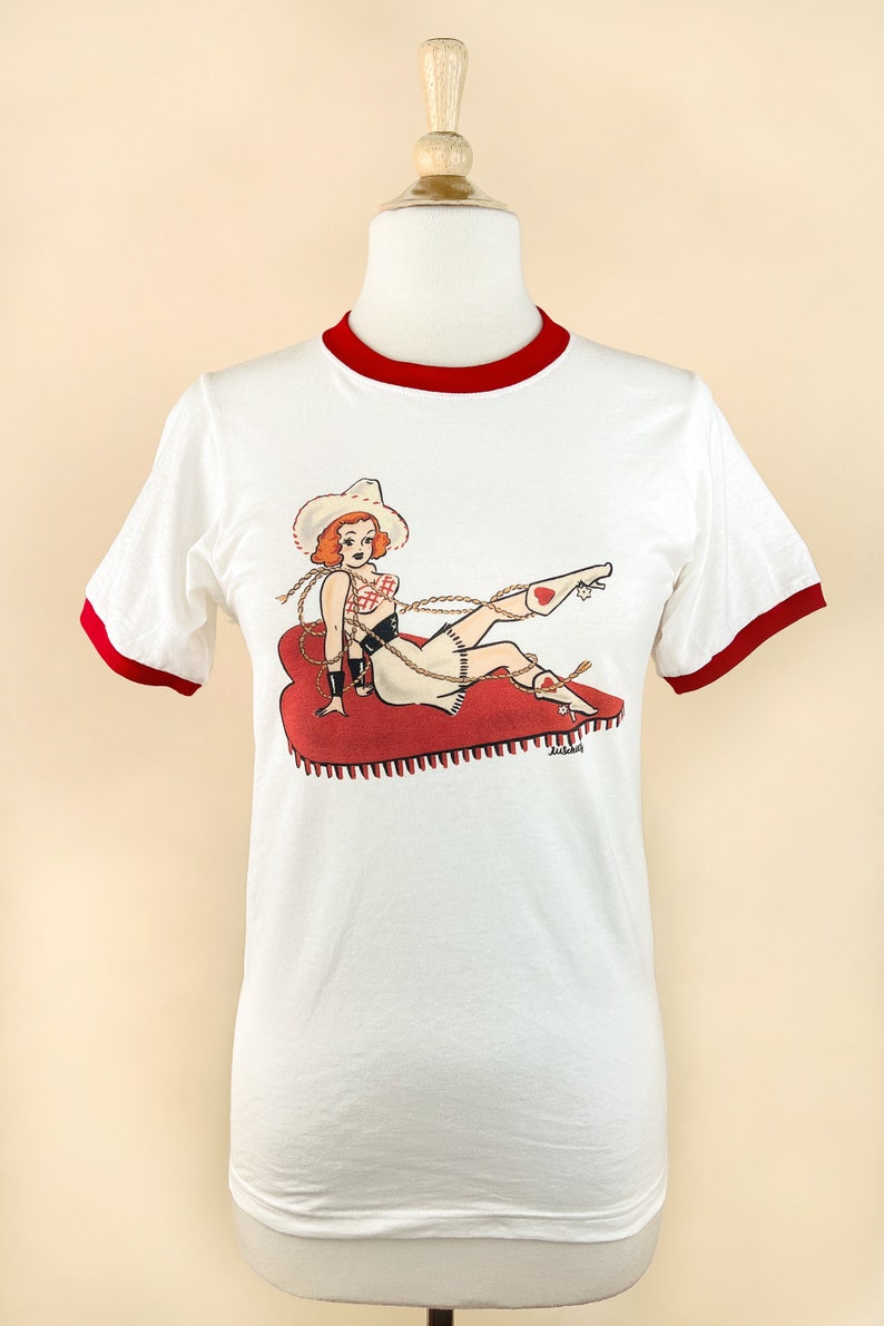 Rope you in Unisex Ringer Graphic T-shirt in White/Rio Red size S, M, L,XL, 2XL, 3XL /Vintage inspired by Mischief Made image 4