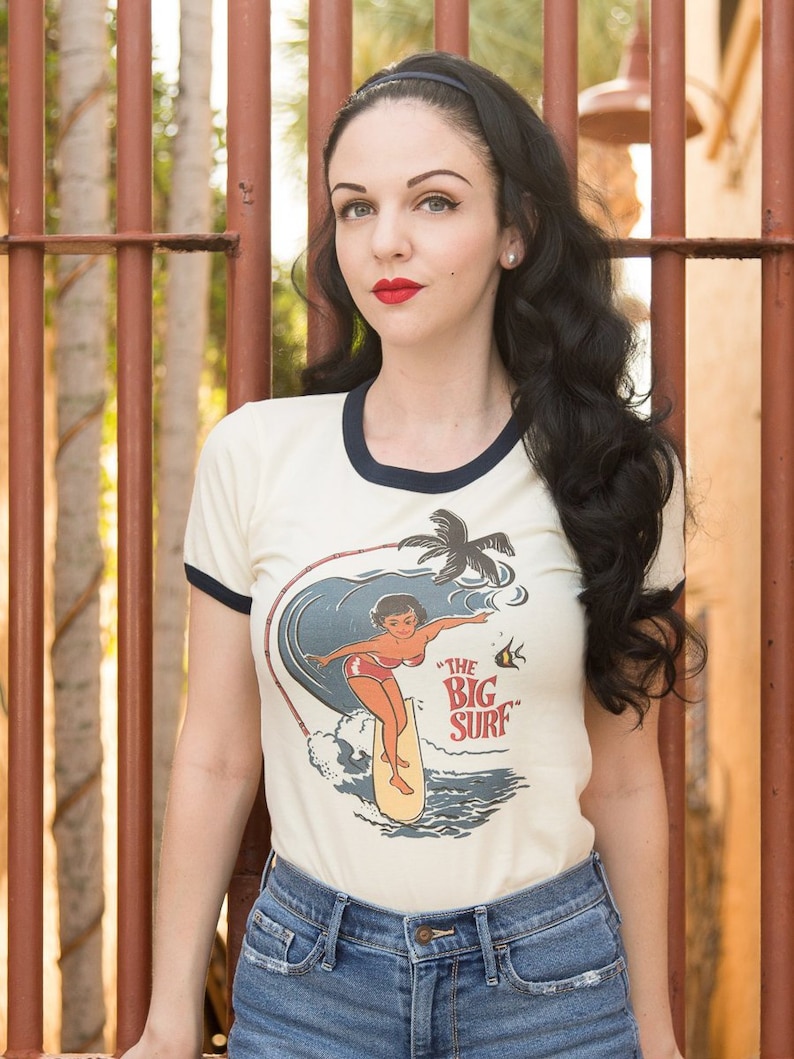 The Big Surf Fitted Ringer Graphic T-shirt in Natural/Navy size S, M, L,XL,2XL Vintage inspired by Mischief Made image 1