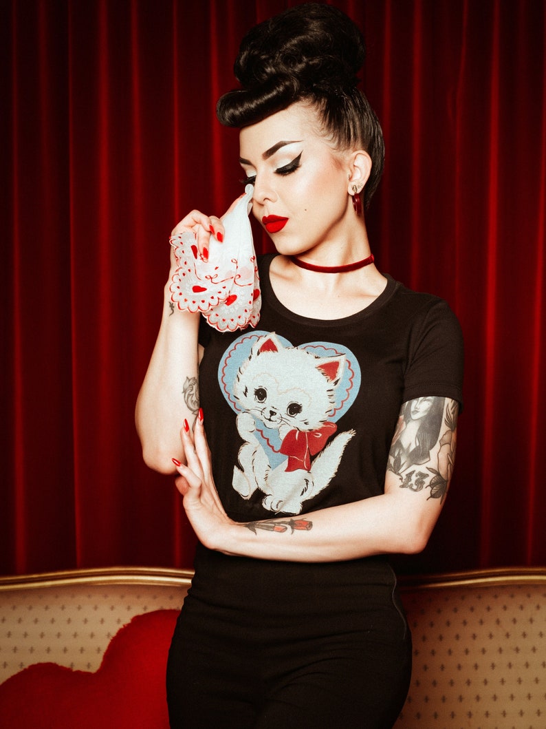 Be Mine Fitted Graphic T-shirt in Black size S,M,L,XL,2XL / Vintage inspired By MISCHIEF MADE Cat image 1