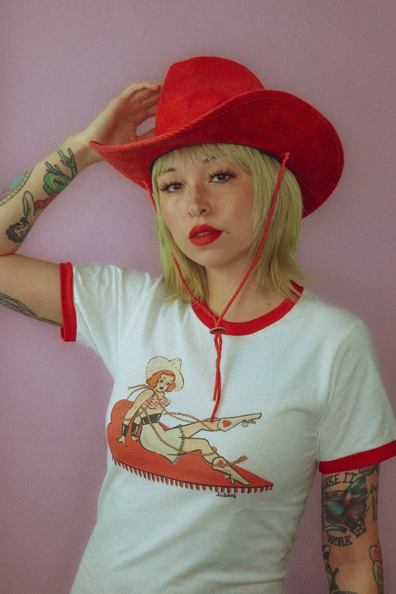 Rope you in Unisex Ringer Graphic T-shirt in White/Rio Red size S, M, L,XL, 2XL, 3XL /Vintage inspired by Mischief Made image 1