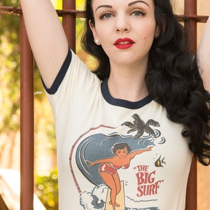 The Big Surf Fitted Ringer Graphic T-shirt in Natural/Navy size S, M, L,XL,2XL Vintage inspired by Mischief Made image 2