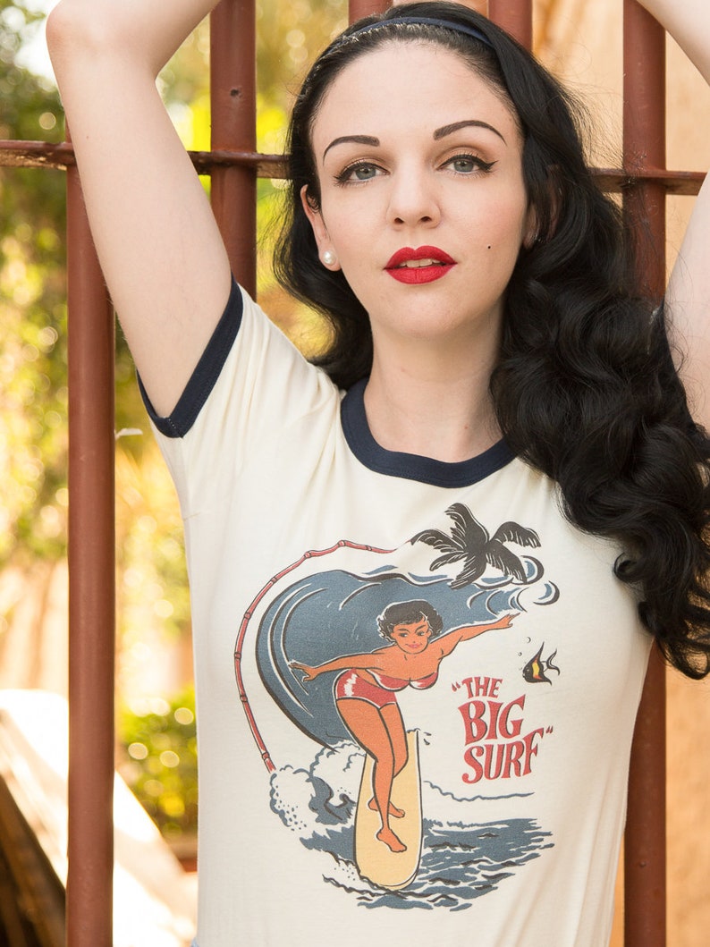 The Big Surf Fitted Ringer Graphic T-shirt in Natural/Navy size S, M, L,XL,2XL Vintage inspired by Mischief Made image 2