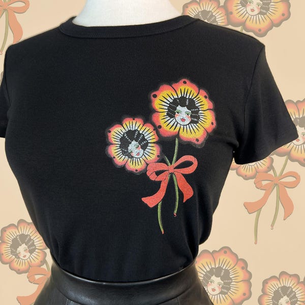 Blossom Sisters Cropped baby Graphic T-shirt in Black size S, M, L,XL, 2XL vintage inspired by Mischief Made, Traditional tattoo inspired