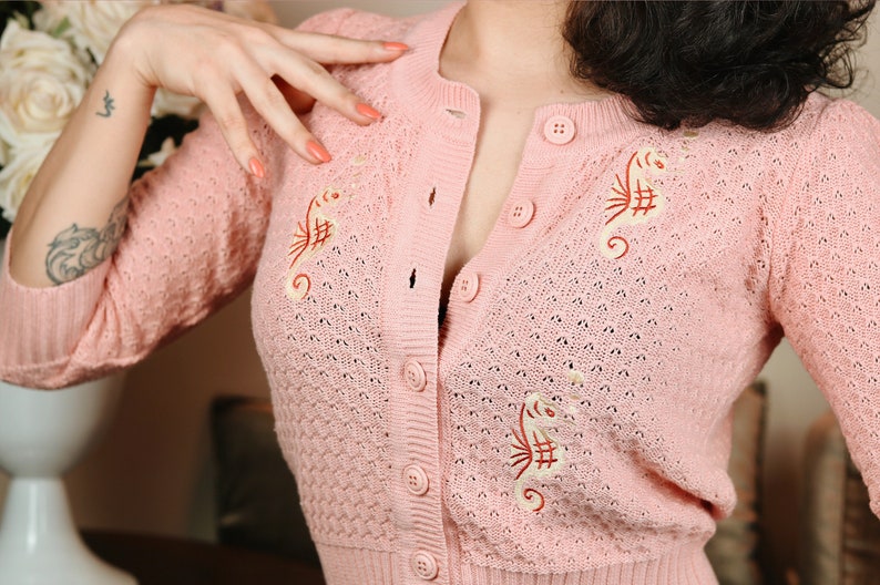 Seahorse Cropped Cardigan in Pink size S,M,L,XL Sweater Vintage inspired By MISCHIEF MADE image 4