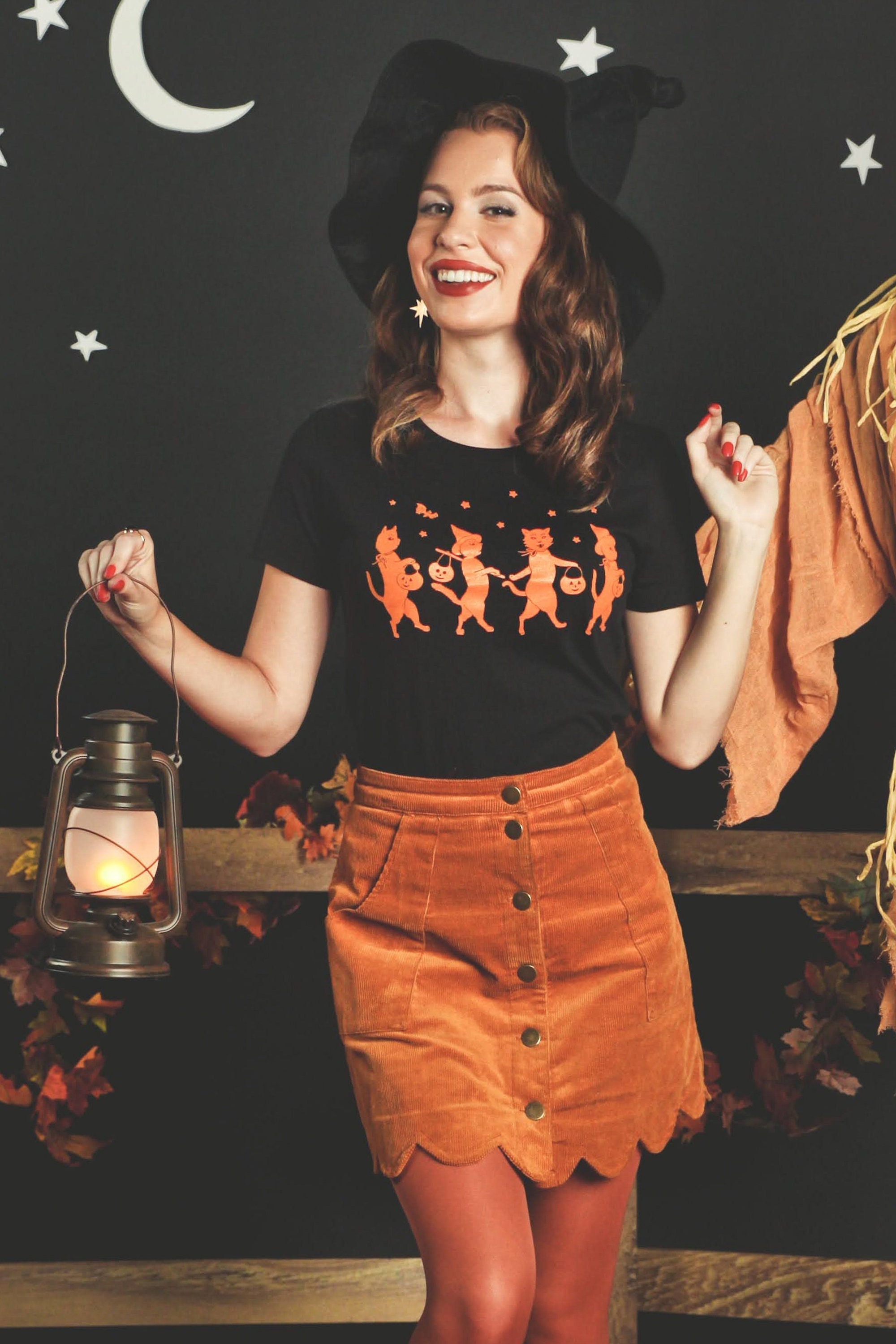 Candy Catwalk Fitted Graphic T-shirt in Black size S,M,L,XL,2XL,3XL vintage Halloween inspired style by Mischief Made Cat