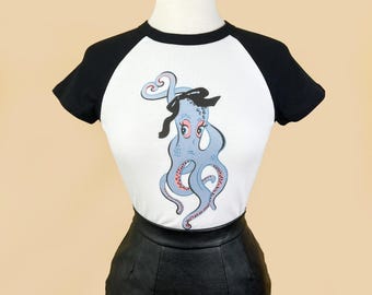 Sucker for Love Short Raglan Cropped Baby Graphic T-shirt in White/Black size S, M, L,XL, 2XL vintage inspired by Mischief Made, octopus