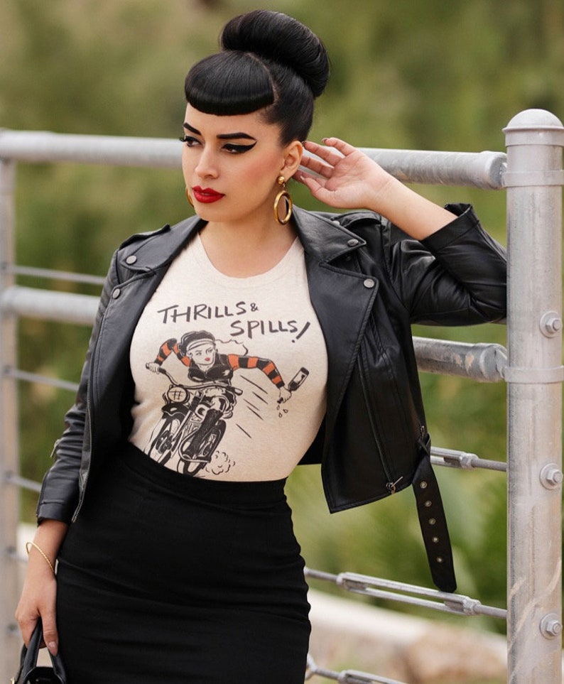 Thrills and Spills Fitted Graphic T-shirt size S, M, L, XL, 2XL, 3XL Ivory Vintage inspired by Mischief Made image 3