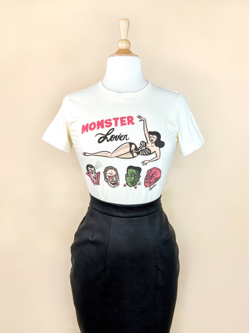 Monster Lover Fitted Graphic T-shirt in Ivory size S,M,L,XL,2XL,3XL vintage inspired by Mischief Made image 3