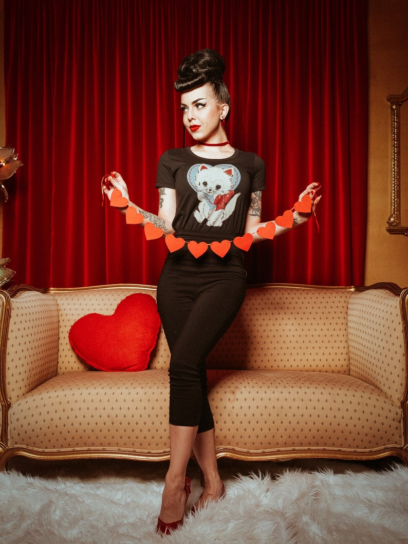Be Mine Fitted Graphic T-shirt in Black size S,M,L,XL,2XL / Vintage inspired By MISCHIEF MADE Cat image 3
