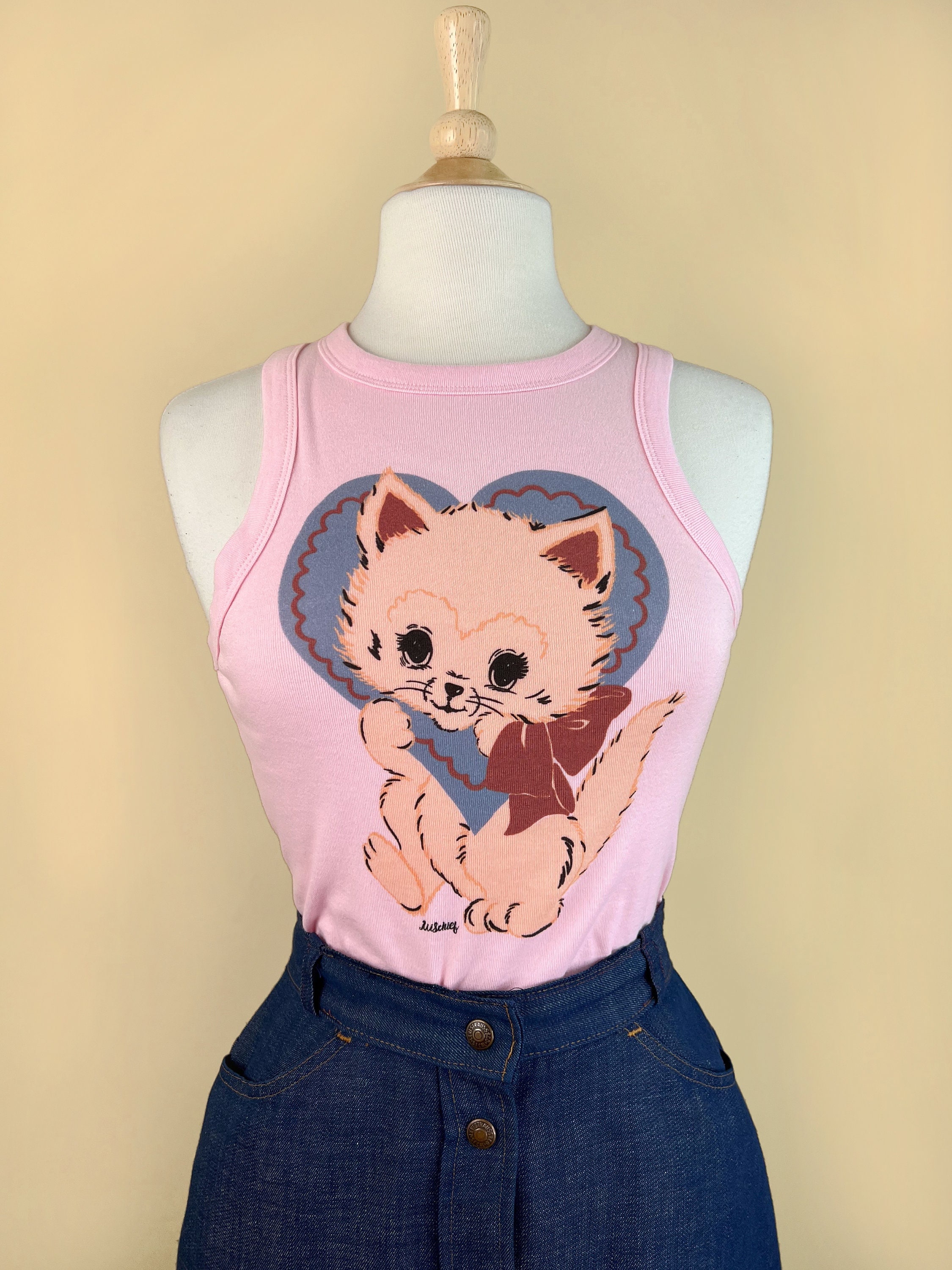 Pink Rib Racer Tank: Vintage Inspired Cat Graphic