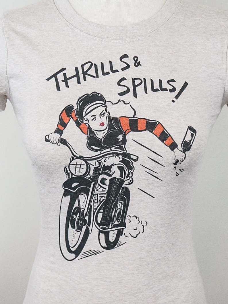 Thrills and Spills Fitted Graphic T-shirt size S, M, L, XL, 2XL, 3XL Ivory Vintage inspired by Mischief Made image 4