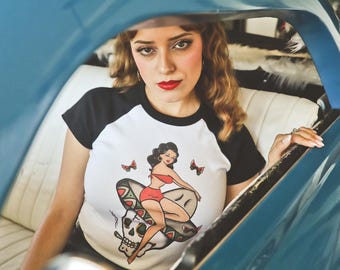Belle Muerte Short Raglan Cropped T-shirt in White/Black size S, M, L,XL, 2XL vintage inspired by Mischief Made