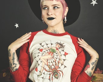 Love Trap Unisex Raglan Graphic Graphic T-shirt in Natural x Red Vintage inspired by Mischief Made spider web
