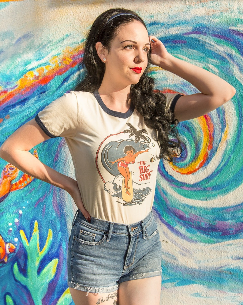 The Big Surf Fitted Ringer Graphic T-shirt in Natural/Navy size S, M, L,XL,2XL Vintage inspired by Mischief Made image 3