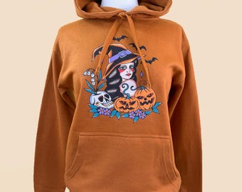 Unisex - Witches’ Brew Hoodie in Burnt Orange/ Vintage inspired By Mischief Made, Halloween lowbrow