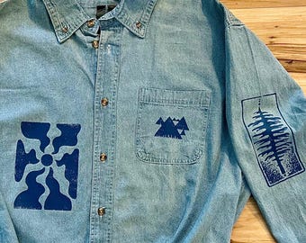 Nature Vibes Denim Button Up Long Sleeve Shirt | Botanical Forest Print Outdoor Adventure Top