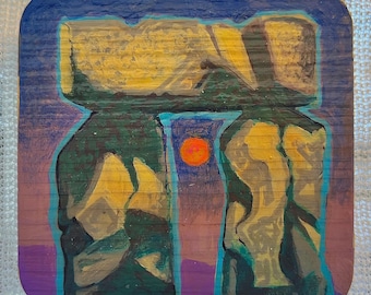 May include: A square wooden painting depicting Stonehenge with a sunset. The artwork features a blue sky, purple and yellow tones, and a bright orange sun. The painting is a unique piece of art.